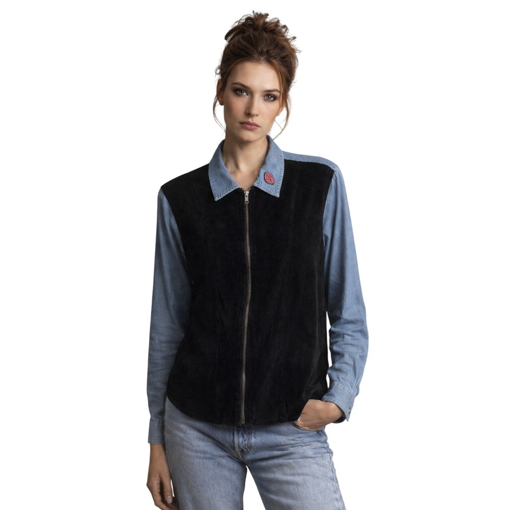New Frontier Mixed Media Denim Zip Up Black Faux Suede Front Shirt